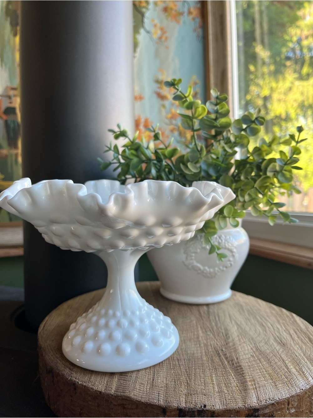 Large Fenton Milk Glass Hobnail Pedestal Dish